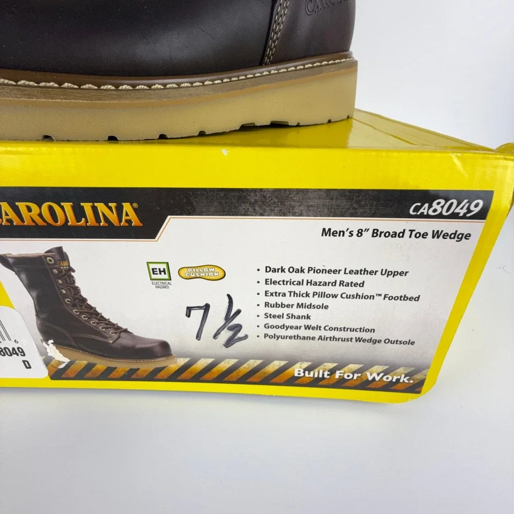 Carolina CA8049 Mens 8 Inch Broad Toe Wedge Work Boots Dark Oak Leather EH 7.5 D